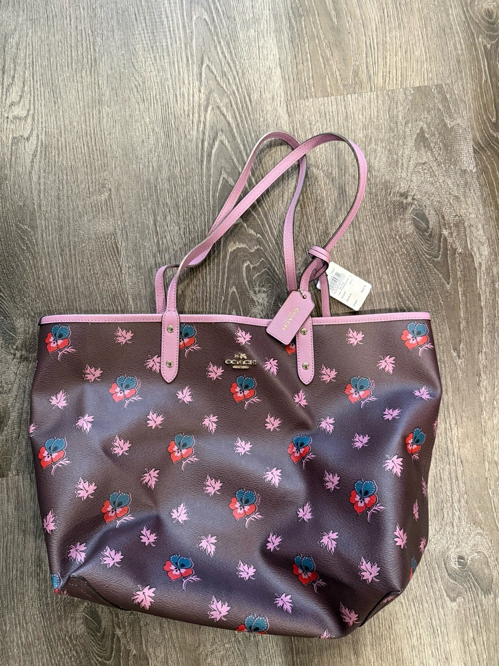Coach Brown Floral Print Tote with Pink Trim